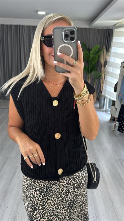 Orjinal Model Gold Düğme Detaylı Siyah Yelek