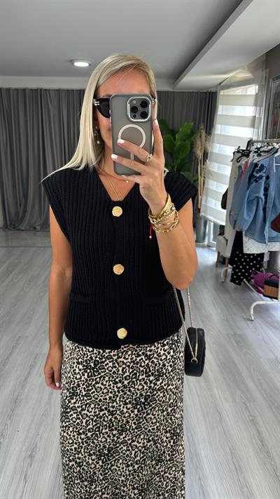 Orjinal Model Gold Düğme Detaylı Siyah Yelek