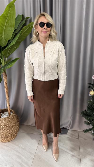 ORJİNAL MODEL İNCİLİ EKRU TRİKO CEKET