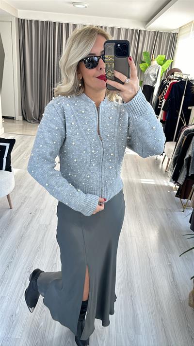 ORJİNAL MODEL İNCİLİ GRİ TRİKO CEKET