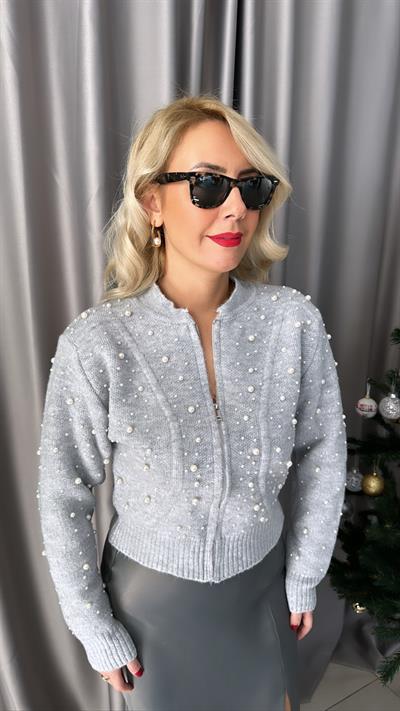 ORJİNAL MODEL İNCİLİ GRİ TRİKO CEKET