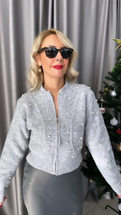 ORJİNAL MODEL İNCİLİ GRİ TRİKO CEKET