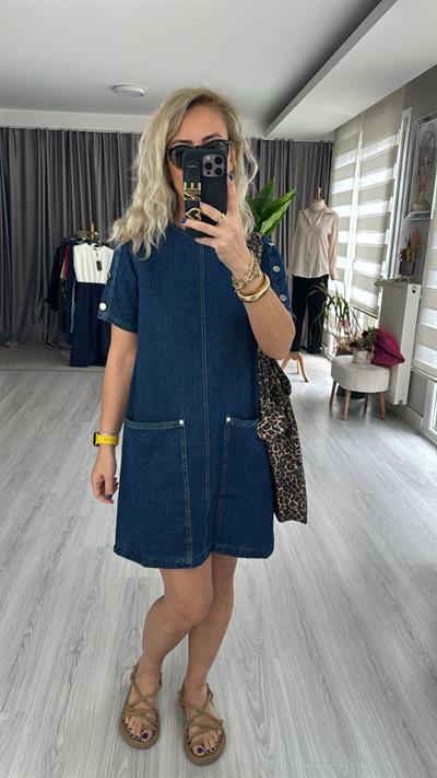 ORJİNAL MODEL KOLLARI DÜĞME DETAYLI, CEPLİ  LACİVERT JEAN ELBİSE