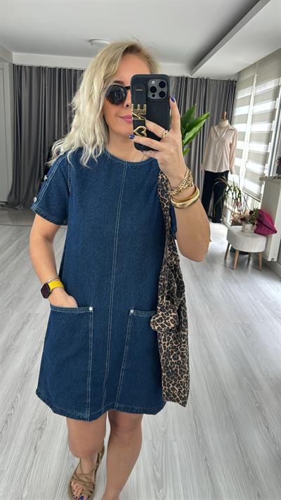 ORJİNAL MODEL KOLLARI DÜĞME DETAYLI, CEPLİ  LACİVERT JEAN ELBİSE