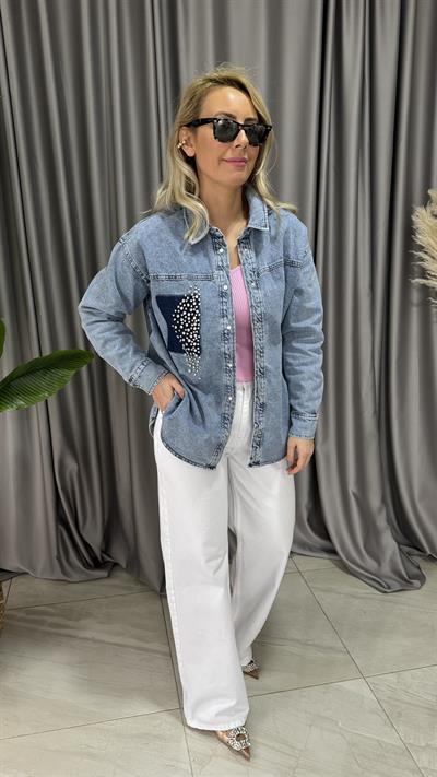 ORJİNAL MODEL KRİSTAL TAŞ DETAYLI DENİM GÖMLEK