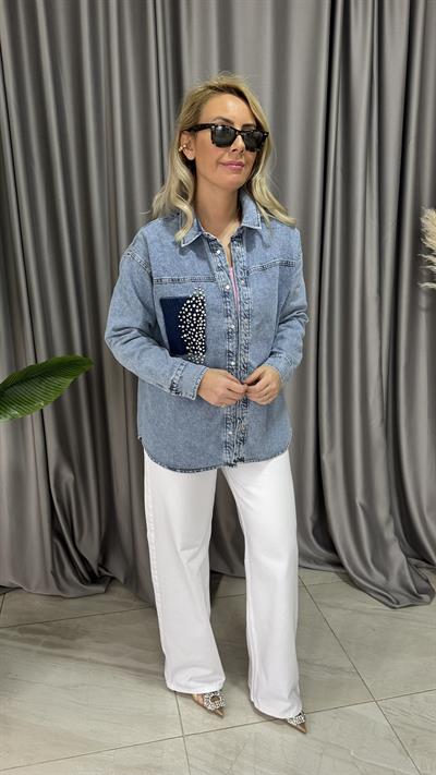 ORJİNAL MODEL KRİSTAL TAŞ DETAYLI DENİM GÖMLEK