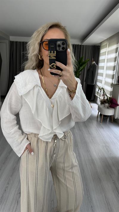 ORJİNAL MODEL NAKIŞLI PAMUK KETEN BEYAZ  GÖMLEK