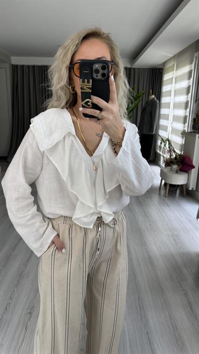 ORJİNAL MODEL NAKIŞLI PAMUK KETEN BEYAZ  GÖMLEK