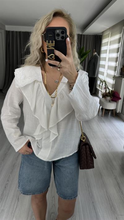 ORJİNAL MODEL NAKIŞLI PAMUK KETEN BEYAZ  GÖMLEK