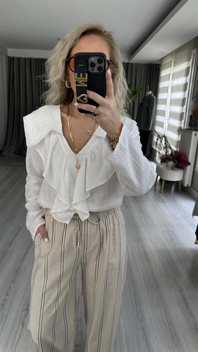 ORJİNAL MODEL NAKIŞLI PAMUK KETEN BEYAZ  GÖMLEK