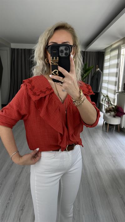 ORJİNAL MODEL NAKIŞLI PAMUK KETEN KİREMİT RENGİ GÖMLEK