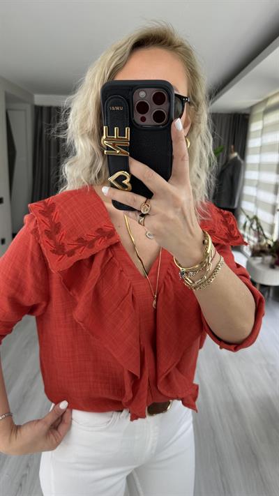 ORJİNAL MODEL NAKIŞLI PAMUK KETEN KİREMİT RENGİ GÖMLEK