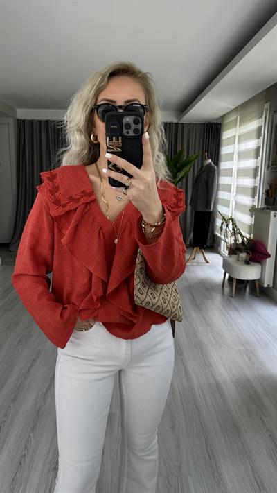 ORJİNAL MODEL NAKIŞLI PAMUK KETEN KİREMİT RENGİ GÖMLEK