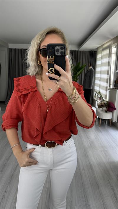 ORJİNAL MODEL NAKIŞLI PAMUK KETEN KİREMİT RENGİ GÖMLEK