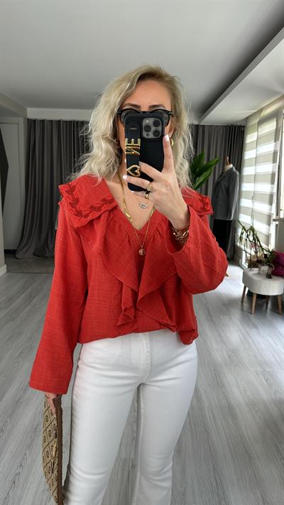 ORJİNAL MODEL NAKIŞLI PAMUK KETEN KİREMİT RENGİ GÖMLEK