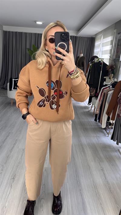 ORJİNAL MODEL ÖNÜ İŞLEMELİ  ŞARDONLU KAHVERENGİ SWEAT