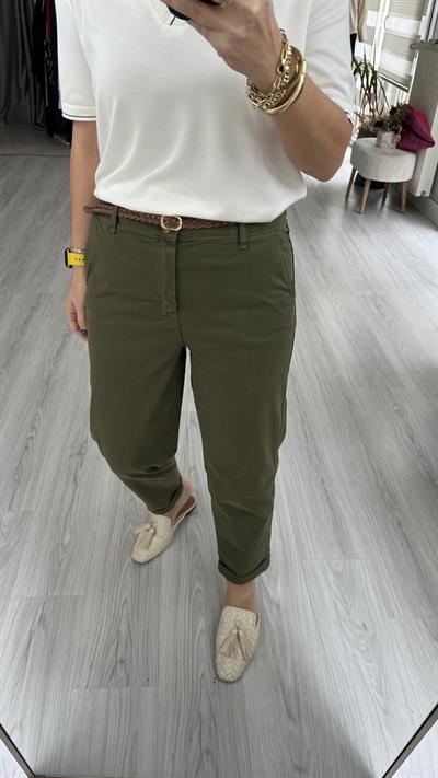 ORJİNAL MODEL, ÖRGÜ KEMERLİ, GABARDİN HAKİ PANTOLON