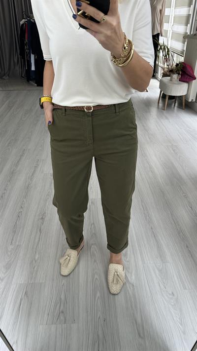 ORJİNAL MODEL, ÖRGÜ KEMERLİ, GABARDİN HAKİ PANTOLON