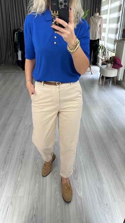 ORJİNAL MODEL, ÖRGÜ KEMERLİ, GABARDİN TAŞ RENGİ PANTOLON