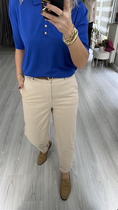 ORJİNAL MODEL, ÖRGÜ KEMERLİ, GABARDİN TAŞ RENGİ PANTOLON