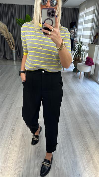 ORJİNAL MODEL, PAÇASI DÜĞMELİ, BELİ LASTİKLİ SİYAH PANTOLON