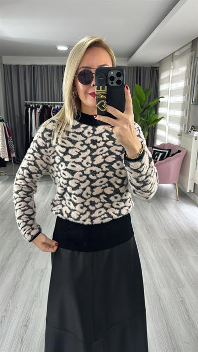 Orjinal Model Siyah Bej Leopar Desen Triko