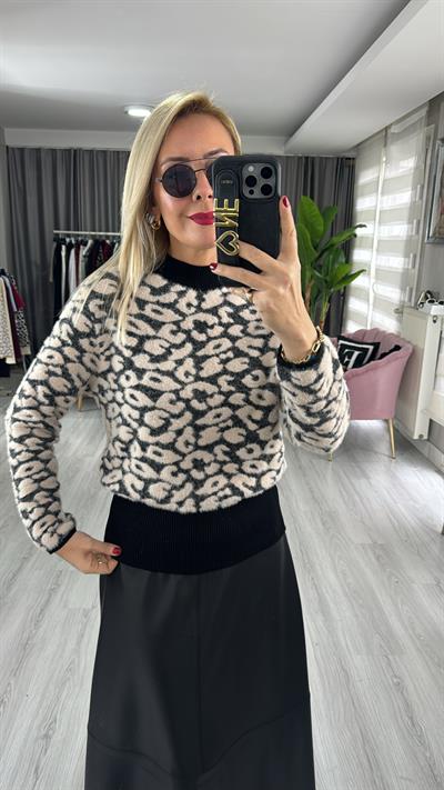 Orjinal Model Siyah Bej Leopar Desen Triko