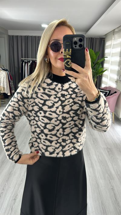 Orjinal Model Siyah Bej Leopar Desen Triko