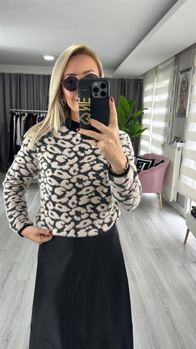 Orjinal Model Siyah Bej Leopar Desen Triko