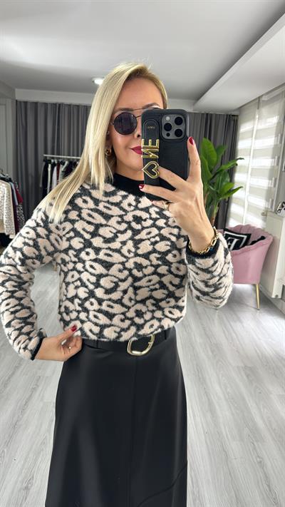 Orjinal Model Siyah Bej Leopar Desen Triko