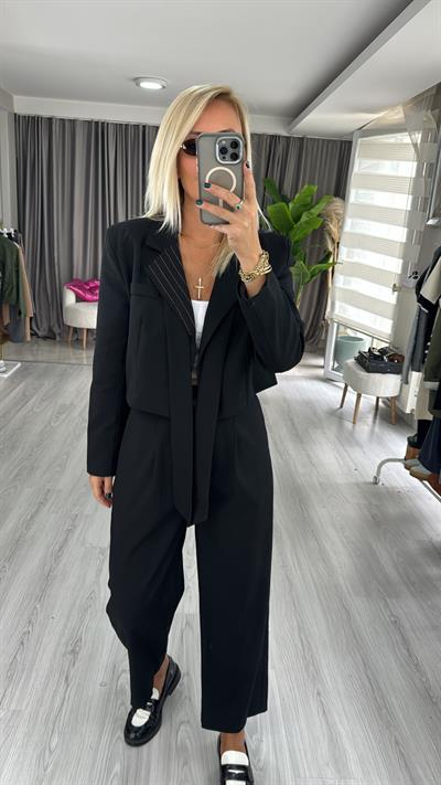 Orjinal Model Siyah Crop Ceket Mix Pantolon Takım