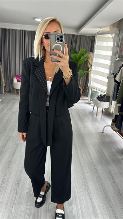 Orjinal Model Siyah Crop Ceket Mix Pantolon Takım