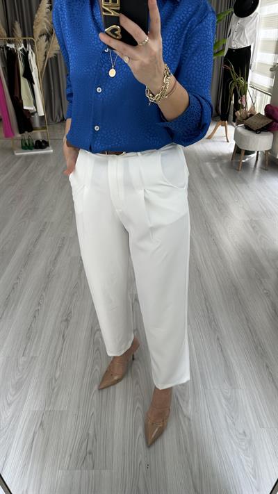 ORJİNAL MODEL TABA KEMERLİ  BEYAZ  LİKRALI KREP PANTOLON