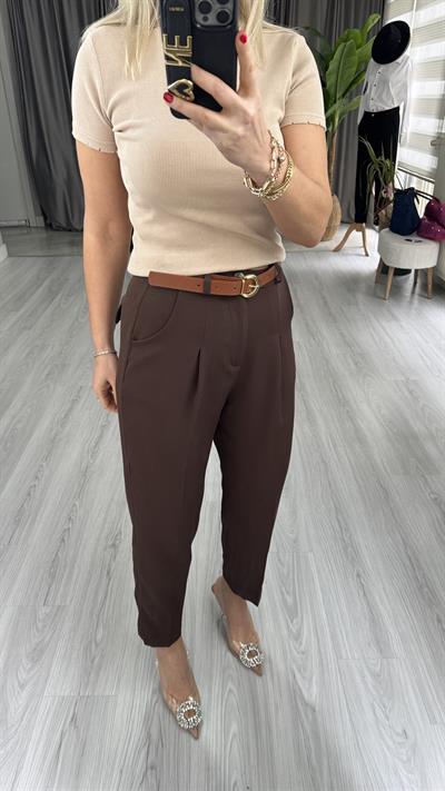 ORJİNAL MODEL TABA KEMERLİ  KAHVE LİKRALI KREP PANTOLON