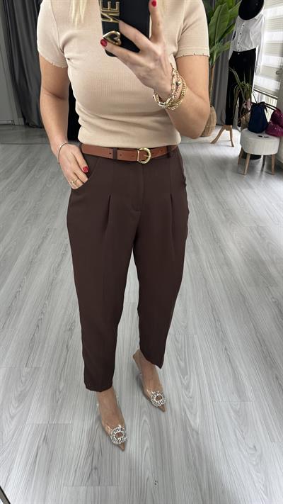 ORJİNAL MODEL TABA KEMERLİ  KAHVE LİKRALI KREP PANTOLON