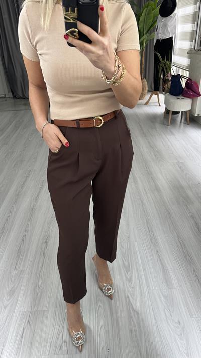 ORJİNAL MODEL TABA KEMERLİ  KAHVE LİKRALI KREP PANTOLON