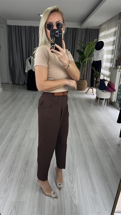 ORJİNAL MODEL TABA KEMERLİ  KAHVE LİKRALI KREP PANTOLON