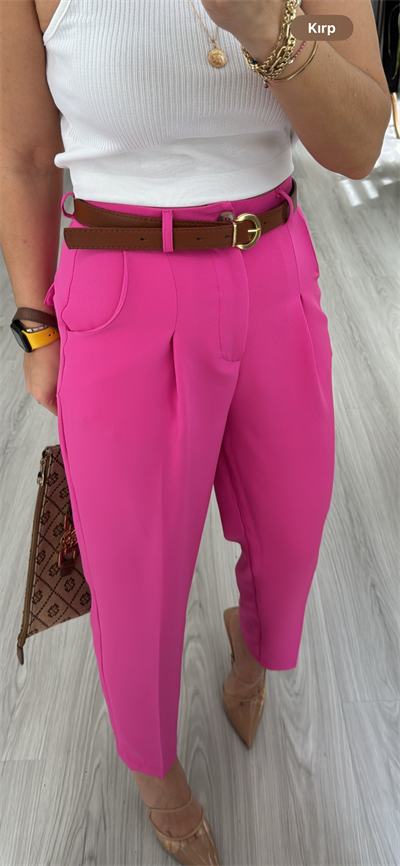 ORJİNAL MODEL TABA KEMERLİ  PEMBE  LİKRALI KREP PANTOLON