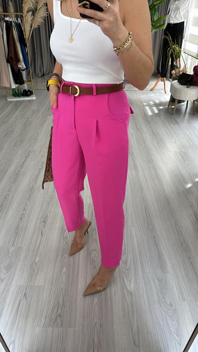 ORJİNAL MODEL TABA KEMERLİ  PEMBE  LİKRALI KREP PANTOLON