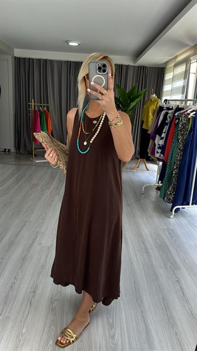 ORJİNAL MODEL TENCEL KAHVERENGİ ELBİSE