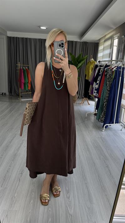 ORJİNAL MODEL TENCEL KAHVERENGİ ELBİSE
