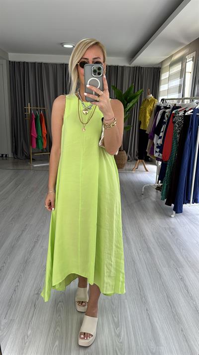 ORJİNAL MODEL TENCEL NEON YEŞİL ELBİSE