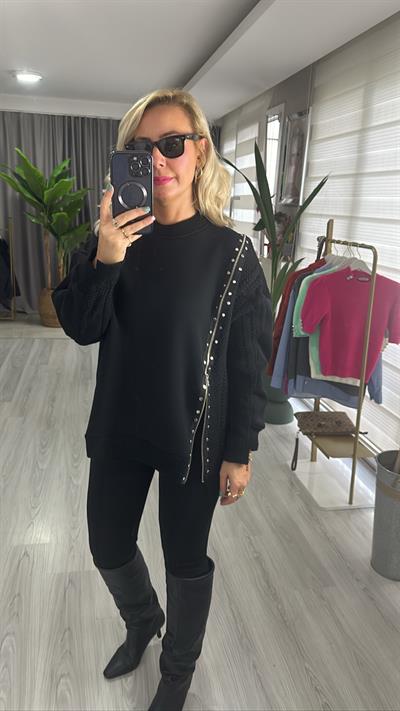 ORJİNAL MODEL TRİKOLU FERMUARLI SİYAH SWEATSHİRT