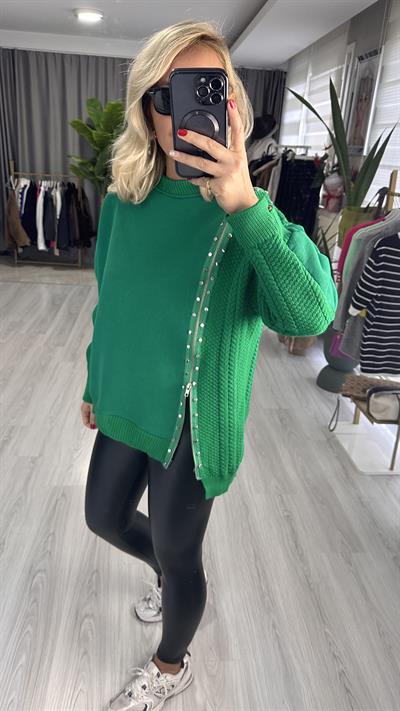 ORJİNAL MODEL TRİKOLU FERMUARLI YEŞİL SWEATSHİRT