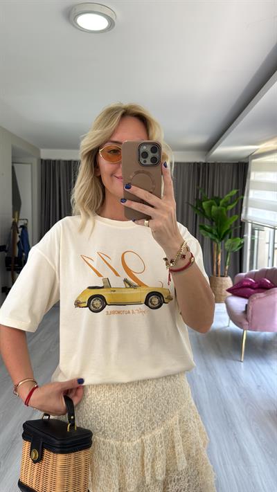 Otomobil Baskılı Ekru Tişört