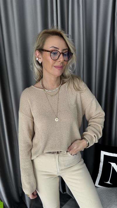 Oval Yaka Yumuşak Dokulu Bej Triko