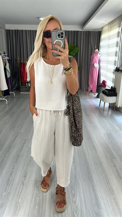 PAMUK KETEN BLUZ, BELİ LASTİKLİ  PANTOLON TAKIM /  TAŞ
