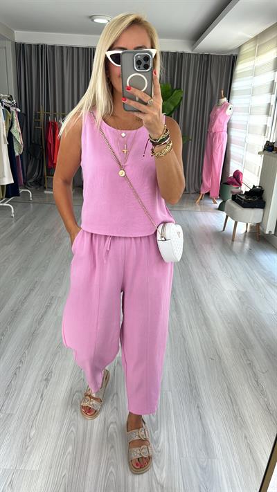 PAMUK KETEN BLUZ, BELİ LASTİKLİ  PANTOLON TAKIM / PEMBE