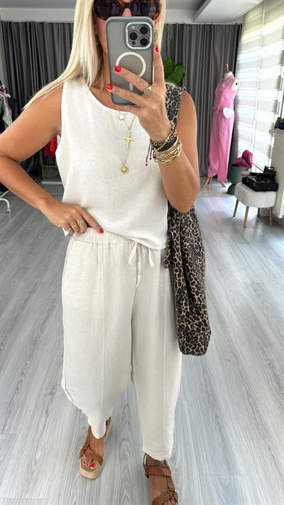 PAMUK KETEN BLUZ, BELİ LASTİKLİ  PANTOLON TAKIM /  TAŞ