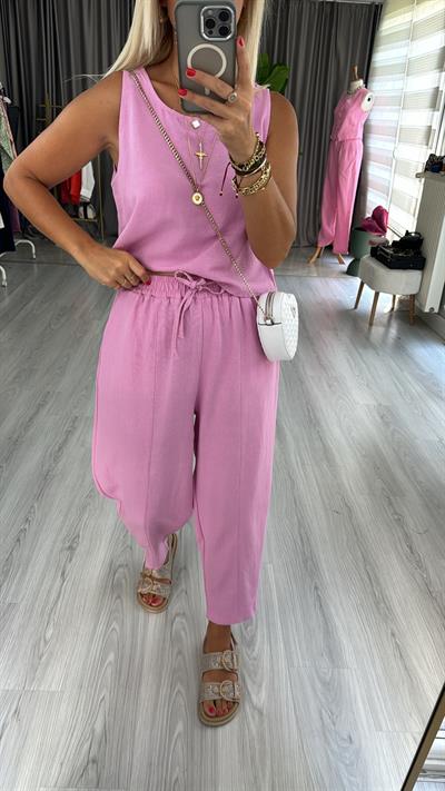 PAMUK KETEN BLUZ, BELİ LASTİKLİ  PANTOLON TAKIM / PEMBE